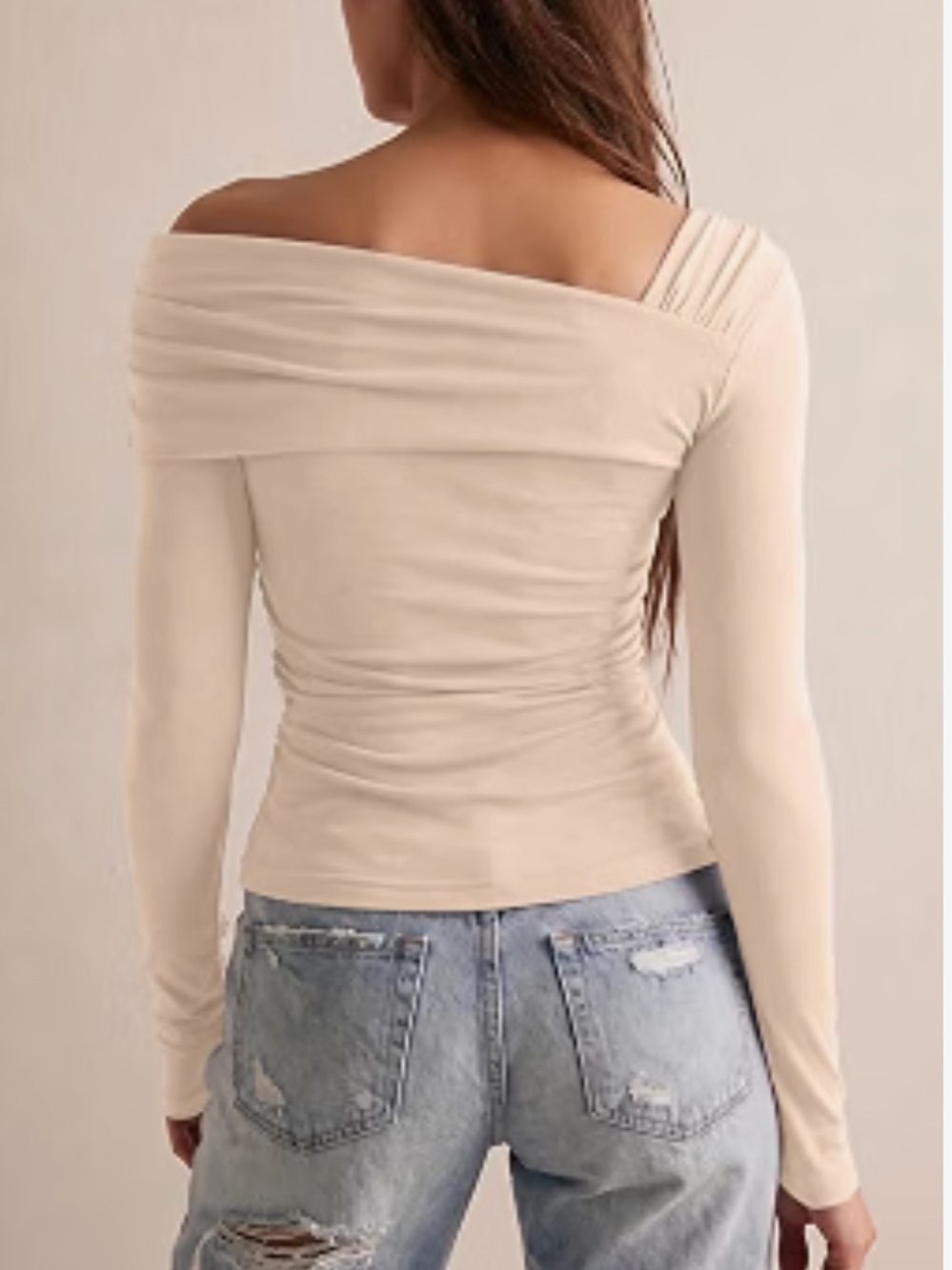 Asymmetrical Off-Shoulder Long Sleeve Top in Cream - Picture 2 of 2